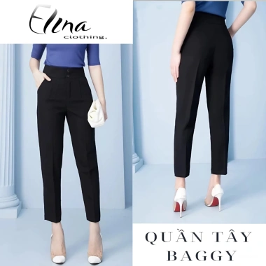 Quần tây nữ baggy cạp cao 2 cúc đen tôn dáng: Công sở, chuẩn loại 1, giá 149.000₫