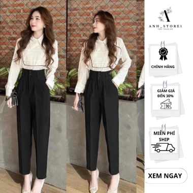 Quần tây nữ baggy cạp cao bản to 3 cúc, vải tuyết mưa, thoải mái đi làm và học