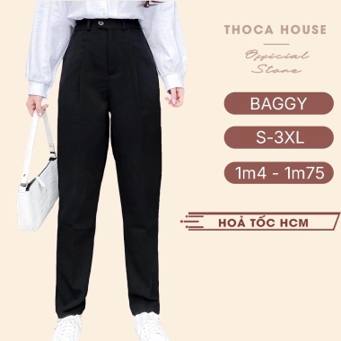 Quần tây nữ baggy công sở lưng cao THOCA HOUSE - Đen, xanh đen, có đai lưng, giá ưu đãi 199.800₫