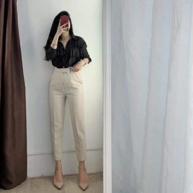 Quần Tây Nữ Công Sở Baggy Lưng Cao Đai Vuông Cúc Lệch Vải Tuyết Mưa Siêu Mềm Giá 83k 4