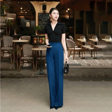 Quần tây nữ công sở đen ống suông cạp cao, vải tuýt si mã 02 – giá ưu đãi 221.840₫