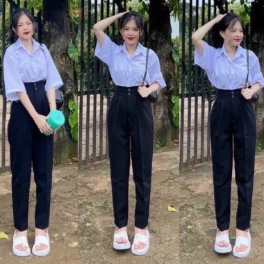 Quần tây nữ đi học 2 nút khuy cúc dọc, lưng cao dáng baggy, vải dày co giãn nhẹ, phù hợp học sinh cấp 3 - 69k