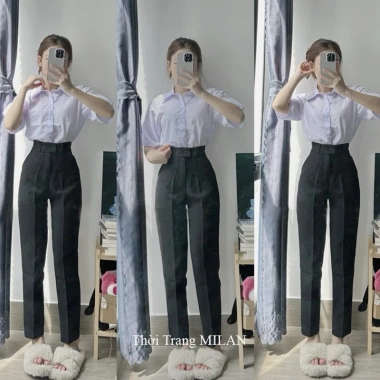 Quần tây nữ lưng cao cạp đỉa, ống đứng, xanh đen baggy học sinh cấp 3 - 78.999đ