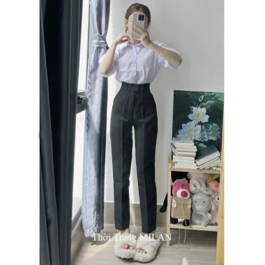 Quần tây nữ lưng cao cạp đỉa, ống đứng, xanh đen baggy học sinh cấp 3 - 78.999đ