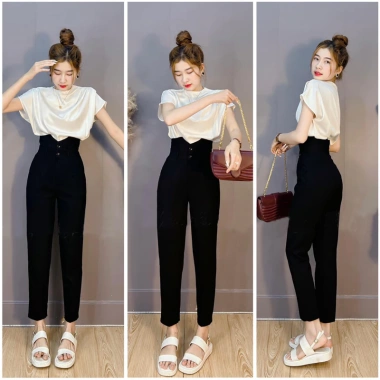 Quần Tây Nữ Lưng Cao Cạp V 2 Khuy Đen Đi Học Công Sở Đẹp Giá Ưu Đãi 89k