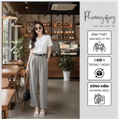 Quần Tây Nữ Ống Lửng 9 Tấc Xếp Ly Cạp Cao Dáng Băng Gây Công Sở Thanh Lịch