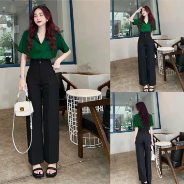Quần tây nữ ống rộng 100cm cạp cao ngang rốn - Đen Tím, vải dày, công sở học
