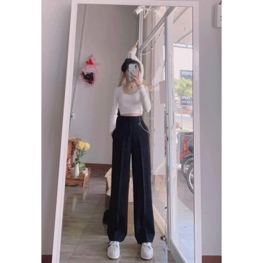 Quần tây nữ ống rộng 100cm cạp cao ngang rốn - Đen Tím, vải dày, công sở học