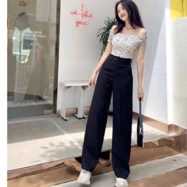 Quần tây nữ ống rộng 100cm cạp cao ngang rốn - Đen Tím, vải dày, công sở học