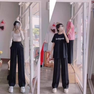 Quần tây nữ ống rộng 100cm cạp cao ngang rốn - Đen Tím, vải dày, công sở học