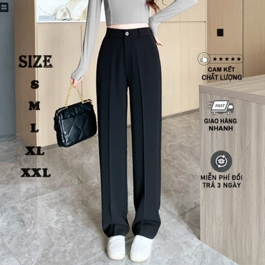 Quần Tây Nữ Ống Rộng Suông Bigsize Đen Lưng Thun Cao, Khóa Trước Co Giãn 2