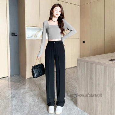 Quần Tây Nữ Ống Rộng Suông Bigsize Đen Lưng Thun Cao, Khóa Trước Co Giãn 3