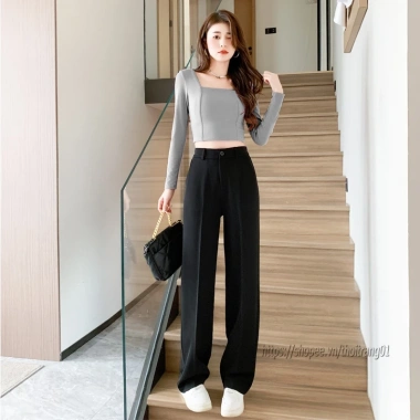 Quần Tây Nữ Ống Rộng Suông Bigsize Đen Lưng Thun Cao, Khóa Trước Co Giãn 4