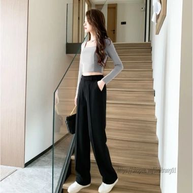 Quần Tây Nữ Ống Rộng Suông Bigsize Đen Lưng Thun Cao, Khóa Trước Co Giãn 5