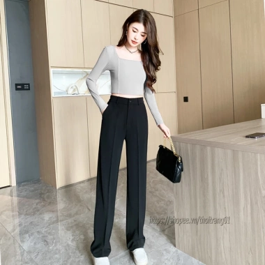 Quần Tây Nữ Ống Rộng Suông Bigsize Đen Lưng Thun Cao, Khóa Trước Co Giãn 6