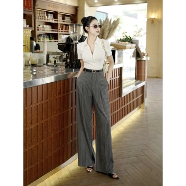 Quần tây nữ ống rộng suông kẻ sọc sang trọng - Công sở, vải đẹp, giá 305.000₫