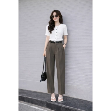 Quần Tây Nữ Ống Suông Lưng Cao Baggy Đai - Form Đứng Hack Dáng, Chất Tuyết Mưa Mềm Mịn, Giá 329k (giá gốc 428k) 3