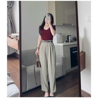 Quần Tây Nữ Ống Suông Lưng Cao Baggy Đai - Form Đứng Hack Dáng, Chất Tuyết Mưa Mềm Mịn, Giá 329k (giá gốc 428k) 5