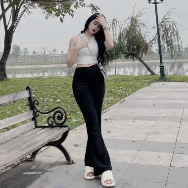 Quần tây ống loe nữ lưng cao 1-2 cúc công sở, hack dáng, cạp cao, vải dày đen