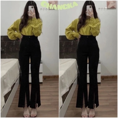 Quần tây ống loe xẻ tà cạp cao vintex loại 1, dài 95cm, giảm giá 95k