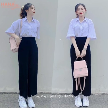 Quần tây ông rộng cạp cao nữ, vải dày đen, dáng suông dài, phù hợp học sinh công sở