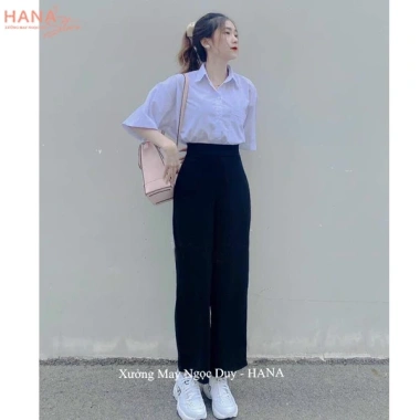 Quần tây ông rộng cạp cao nữ, vải dày đen, dáng suông dài, phù hợp học sinh công sở 6