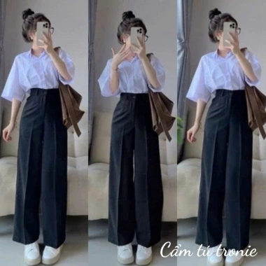 Quần tây ống rộng lưng cao dài dáng công sở màu đen vải mềm cạp cao, giá ưu đãi 69.000₫