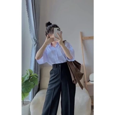 Quần tây ống rộng lưng cao dài dáng công sở màu đen vải mềm cạp cao, giá ưu đãi 69.000₫