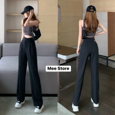Quần Tây ống rộng suông đứng cạp khóa bản to 2 cúc không dãn, lưng cao, dài 100cm - Đen/Trắng, giảm còn 74.999đ