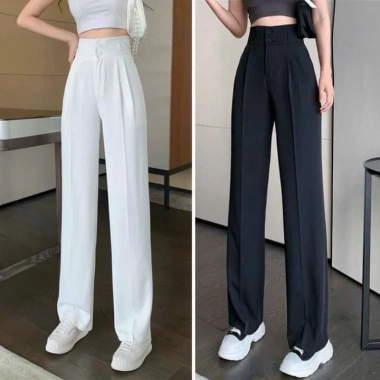 Quần Tây ống rộng suông đứng cạp khóa bản to 2 cúc không dãn, lưng cao, dài 100cm - Đen/Trắng, giảm còn 74.999đ