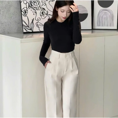 Quần Tây Ống Suông Nữ Cạp Cao 1 Cúc Gold Nhật mềm, độ rủ - Giá ưu đãi 125k