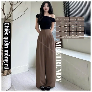 Quần tây suông ống rộng lưng cao cạp khóa trước, vải gôn mềm mịn, chỉ 180.000₫
