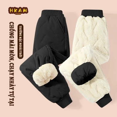 Quần thể thao bé trai HKAM lông cừu mùa đông giữ ấm không thấm nước, màu trơn, giá ưu đãi 270.000₫
