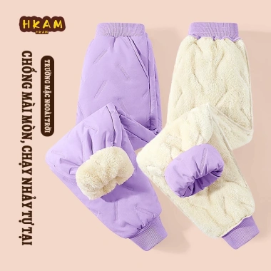 Quần thể thao bé trai HKAM lông cừu mùa đông giữ ấm không thấm nước, màu trơn, giá ưu đãi 270.000₫