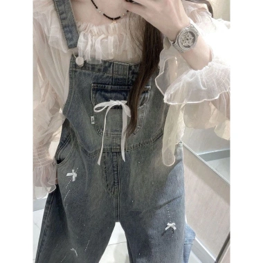 Quần yếm denim dáng dài nữ đính nơ, ống suông thời trang - Sale 346k