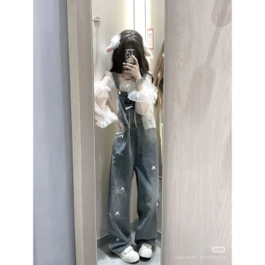 Quần yếm denim dáng dài nữ đính nơ, ống suông thời trang - Sale 346k