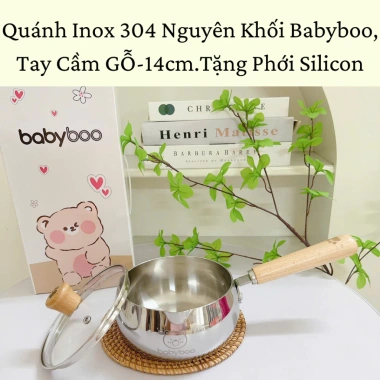 Quánh Inox 304 Babyboo Size 14 tay cầm inox và gỗ, giá 234.800đ ăn dặm 9