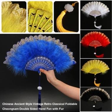 Quạt cầm tay lông vũ NAMSHEVA 2 mặt trắng đen, cổ điển Trung Quốc, nhựa xương ren gập lại - 72.270₫ 3