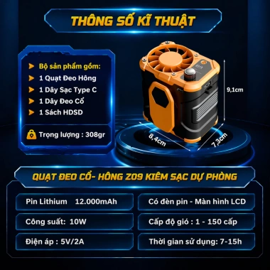 Quạt Đeo Hông 3in1 Pin 12.000mAh LCD + Đèn Pin + Sạc Dự Phòng - Giá 269k 8