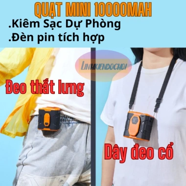Quạt đeo thắt lưng F13 pin 10.000mAh, công suất cao, sạc dự phòng & đèn pin 3