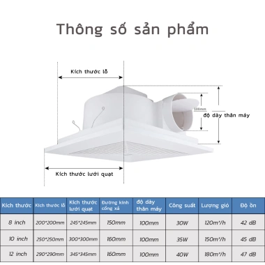 Quạt hút âm trần SUZUME 8-12 inch - Quạt thông gió, hút mùi nhà vệ sinh, tặng 1m ống hút, giảm giá 22%