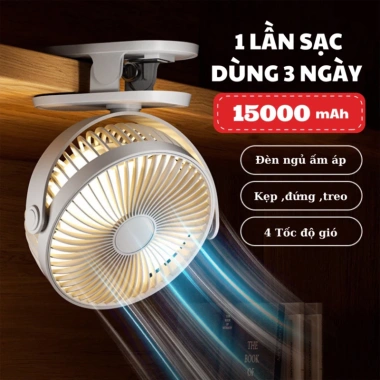 Quạt kẹp bàn mini 15.000mAh - Đèn ban đêm, 4 hướng gió, êm, pin lâu, 160.000 VND 2