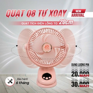 Quạt Kẹp Tích Điện Q8 Tự Động Xoay 20cm Đèn LED Hiển Thị % Pin Giá Ưu Đãi 379k