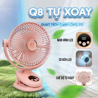 Quạt Kẹp Tích Điện Q8 Tự Động Xoay 20cm Đèn LED Hiển Thị % Pin Giá Ưu Đãi 379k