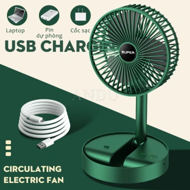Quạt Tích Điện Để Bàn Gấp Gọn, Điều Chỉnh Độ Cao, 3 Tốc Độ, USB Sạc, Xoay 180