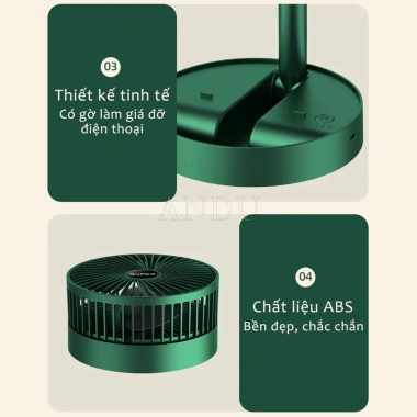 Quạt Tích Điện Để Bàn Gấp Gọn, Điều Chỉnh Độ Cao, 3 Tốc Độ, USB Sạc, Xoay 180