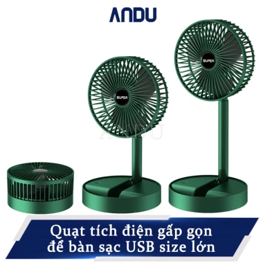 Quạt Tích Điện Để Bàn Gấp Gọn, Điều Chỉnh Độ Cao, 3 Tốc Độ, USB Sạc, Xoay 180