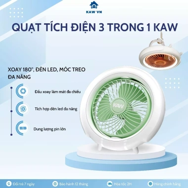 Quạt tích điện để bàn KAW - Đầu xoay tự động 180°, đèn LED, quai treo đa năng, sạc USB - 305.900₫