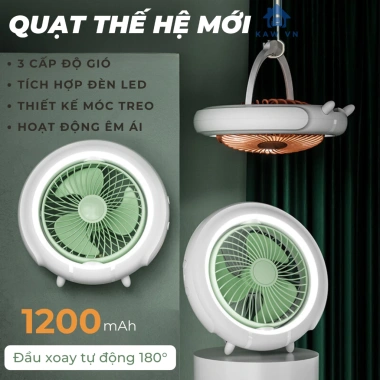 Quạt tích điện để bàn KAW - Đầu xoay tự động 180°, đèn LED, quai treo đa năng, sạc USB - 305.900₫