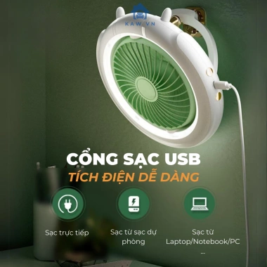 Quạt tích điện để bàn KAW - Đầu xoay tự động 180°, đèn LED, quai treo đa năng, sạc USB - 305.900₫